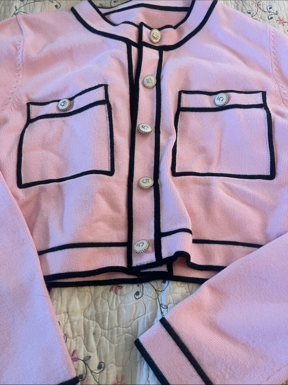 Womens Pink Knit Jacket/Cardigan  with Black Trim Chanel #5 buttons